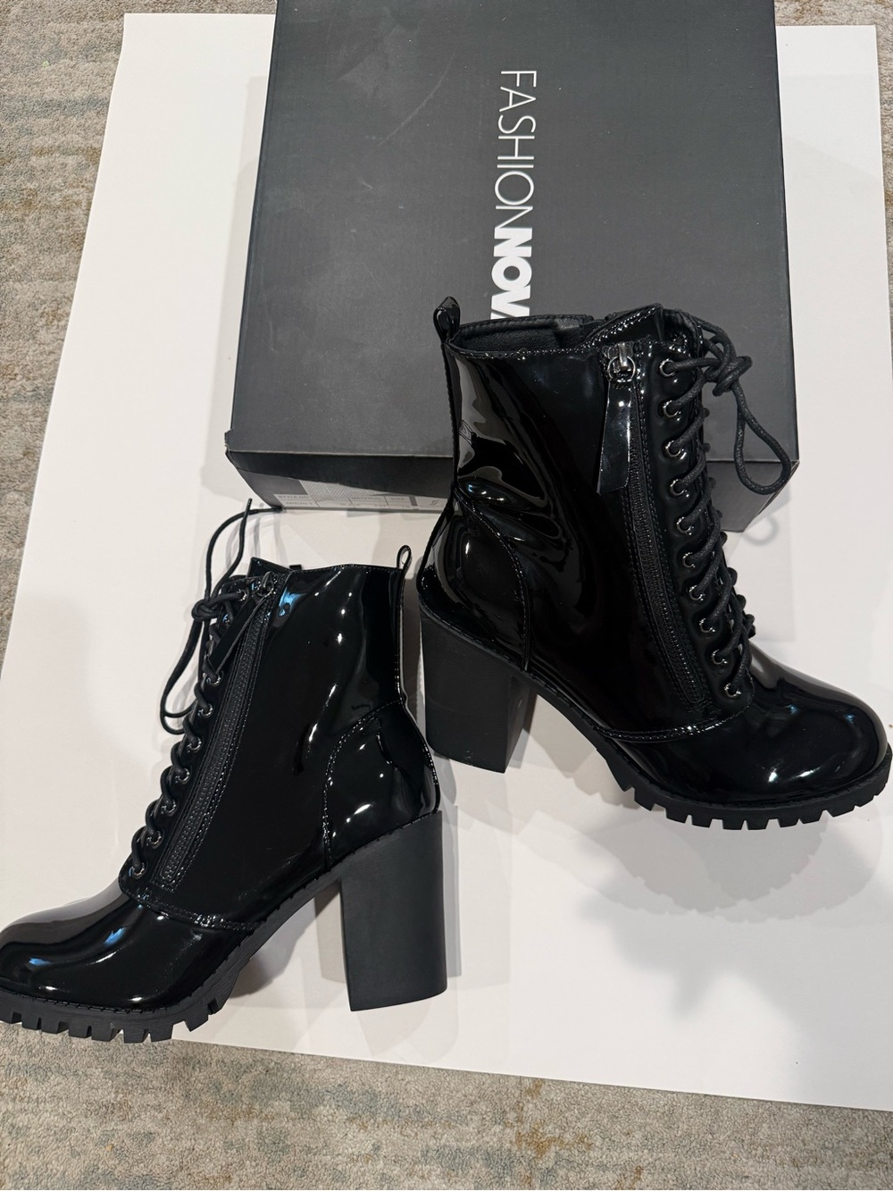 Fashion Nova Black Patent Lace-Up Block Heel Ankle Boots with Lug Sole